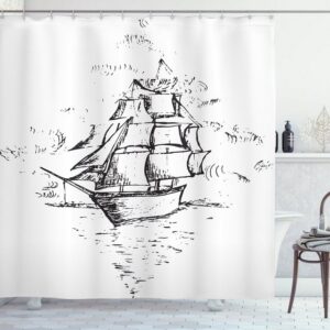 Abakuhaus Duschvorhang Moderner Digitaldruck mit 12 Haken auf Stoff Wasser Resistent Breite 175 cm, Höhe 180 cm, Nautical Tattoo Segelboot-Skizze