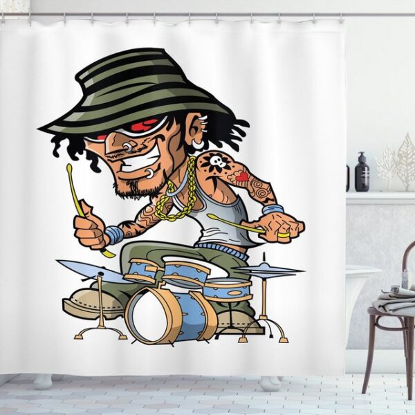 Abakuhaus Duschvorhang Moderner Digitaldruck mit 12 Haken auf Stoff Wasser Resistent Breite 175 cm, Höhe 180 cm, Schlagzeug Wild Rock Musiker Tattoos