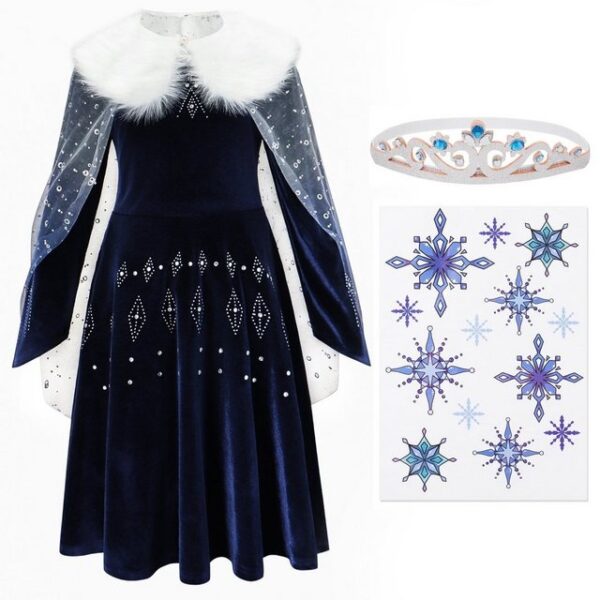 Corimori Prinzessin-Kostüm Elastisches Stella Eiskönigin Kostüm Kleid, mit Tattoos & Diadem, Prinzessinenkleid für Fasching, dunkel-blau