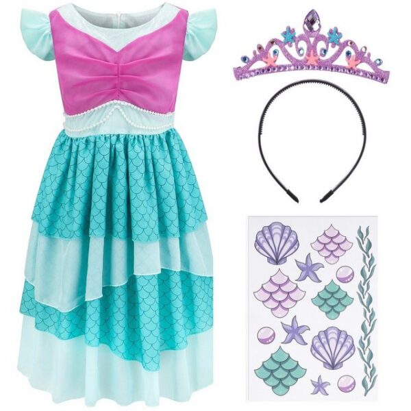 Corimori Prinzessin-Kostüm Meerjungfrau Prinzessin Kostüm Kleid für Kinder, Set mit Tattoos & Diadem, Kostüm, Karneval, Fasching, Mermaid, Arielle