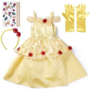 Corimori Prinzessin-Kostüm Prinzessin Belle Kostüm Kleid für Kinder, mit, Tattoos, Handschuhe, Haarband, Fasching, Schöne und das Biest