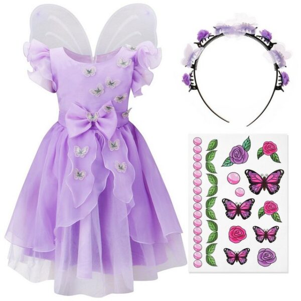 Corimori Prinzessin-Kostüm Prinzessin Kleid Kostüm-Set für Kinder Schmetterling, mit Tattoos & Haarband, Feen-Kleid, Fasching, lila, Fee, Mädchen