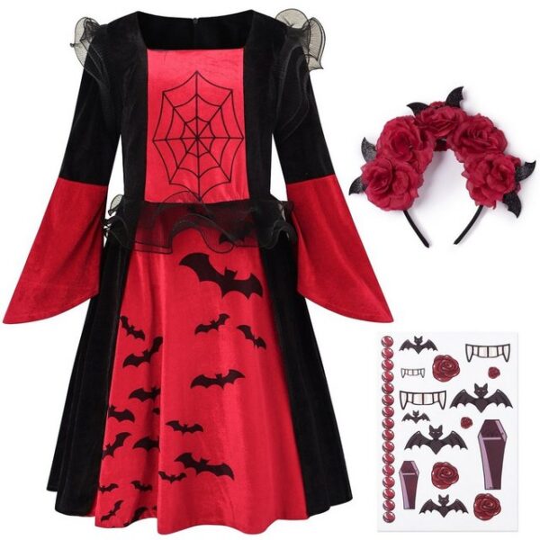 Corimori Vampir-Kostüm Vampir Halloween-Kostüm Set Kinder-Kleid, Karneval, Mit Haarreif, Klebe-Tattoos für Mädchen, Fasching, Geschenkidee