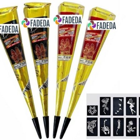 FADEDA Strass-Tattoo 14x FADEDA 100% Natural 4x Henna Paste schwarz-braun + 10x Sticker, 14 Stück im Set, NO MIX, NO Chemie, Halal Zertifiziert, 100% Veg Natural