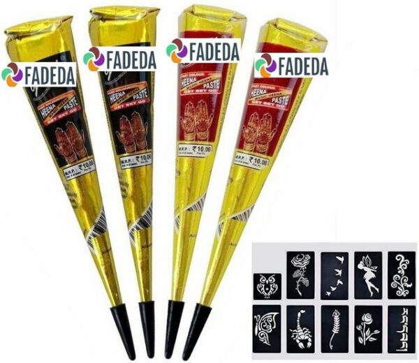 FADEDA Strass-Tattoo 14x FADEDA 100% Natural 4x Henna Paste schwarz-braun + 10x Sticker, 14 Stück im Set, NO MIX, NO Chemie, Halal Zertifiziert, 100% Veg Natural