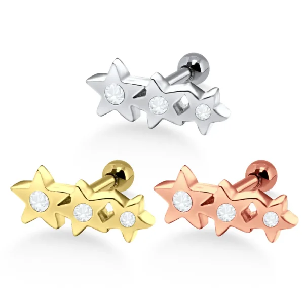 Helix Tragus Piercing drei Sterne silberfarbig goldfarbig roségoldfarbig