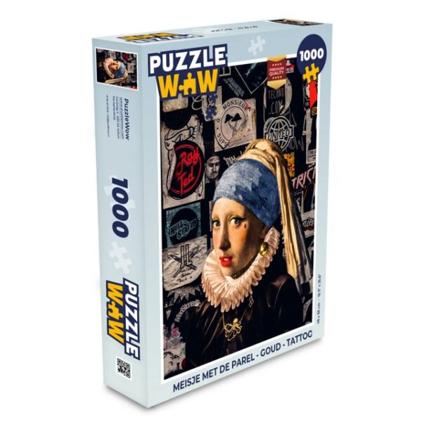 MuchoWow Puzzle Mädchen mit Perlenohrring - Gold - Tattoo, 1000 Puzzleteile, Foto-Puzzle, Bilderrätsel, Puzzlespiele, Klassisch