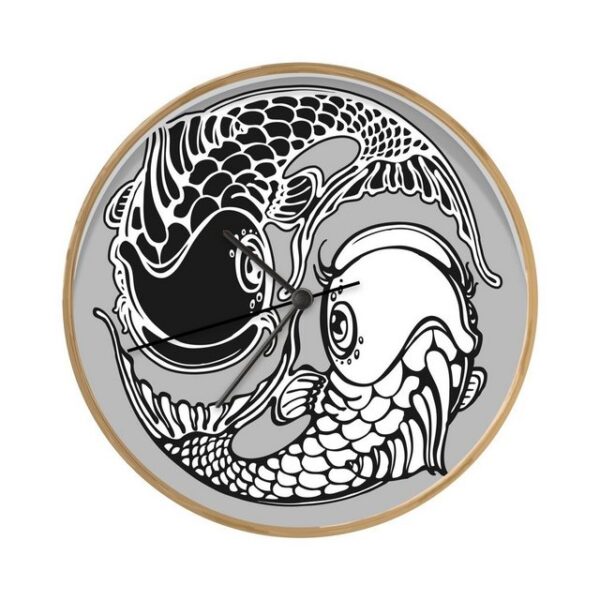 MuchoWow Wanduhr Fisch-Tattoo im Yin-Yang-Stil - schwarz und weiß (Uhrwerk, Wohnzimmer, Küchenuhr, Wanddekoration, Modern, Holz)