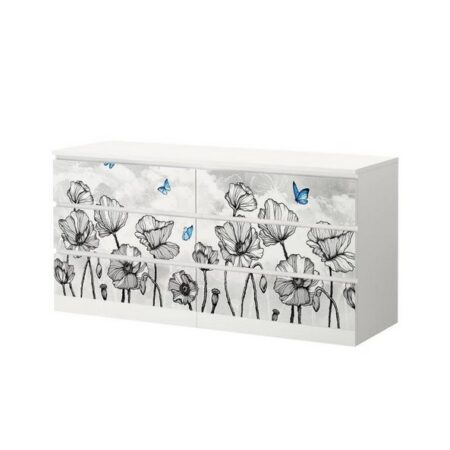 MyMaxxi Möbelfolie MyMaxxi - Klebefolie Möbel kompatibel mit IKEA Malm Kommode - Motiv Wunderland Blumen grau - Möbelfolie selbstklebend - Dekofolie Tattoo Aufkleber Folie - Blume Blatt Schmetterling