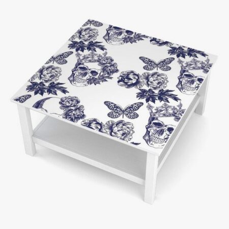 MyMaxxi Möbelfolie MyMaxxi - selbstklebende Tischfolie Skelett mit Blumen und Schmetterlingen Muster blau lila kompatibel mit Ikea Lacktisch Zeichnung Grafik Tattoo Möbelfolie Aufkleber - blasenfrei zu verkleben