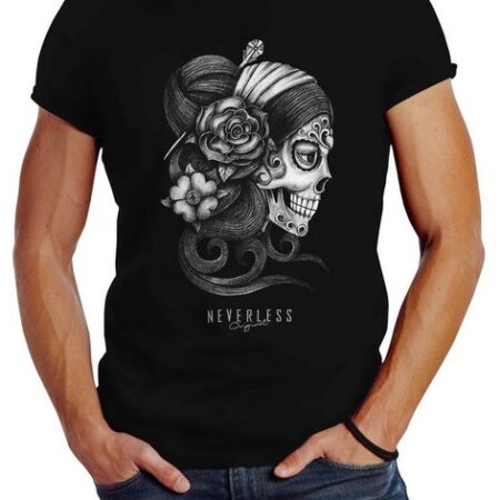 Neverless Print-Shirt Herren T-Shirt Santa Muerte La catrina Mexican Skull Dia de los Muertos Tattoo Design Slim Fit Neverless® mit Print