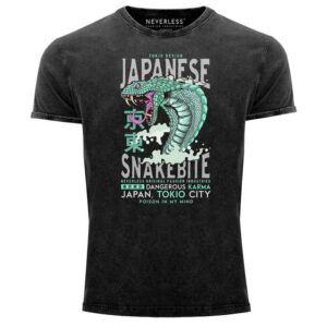 Neverless Print-Shirt Neverless® Herren T-Shirt Japanese Snakebite Kobra shirt Cobra Motiv-Print Tattoo Graffiti Style Printshirt Schlange Snake Aufdruck Used Look Slim Fit mit Print