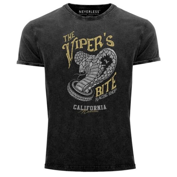 Neverless Print-Shirt Neverless® Herren T-Shirt Vintage Shirt Printshirt The Vipers Bite Racing Shop California Klapperschlange Tattoo Style Used Look Slim Fit mit Print