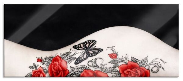 Pixxprint Leinwandbild Rosen Tattoo mit Schmetterling, Wanddekoration (1 St), Glasbild aus Echtglas, inkl. Aufhängungen und Abstandshalter