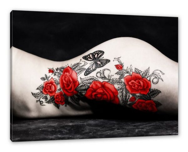 Pixxprint Leinwandbild Rosen Tattoo mit Schmetterling, Wanddekoration (1 St), Leinwandbild fertig bespannt, inkl. Zackenaufhänger