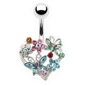 Taffstyle Bauchnabelpiercing Piercing Banane Stecker Anhänger mit Ring Bunte, Bauchnabelpiercing Multi Kristall Blumen Schmetterling Butterfly Herz