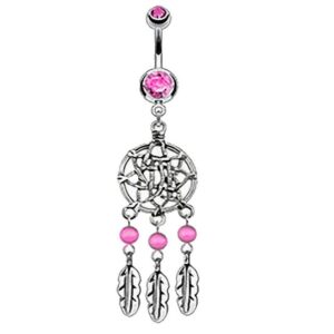 Taffstyle Bauchnabelpiercing Piercing Chirurgenstahl Kristall Traumfänger, Bauchnabelpiercing Bauch Stecker Anhänger Dreamcatcher Tribal Federn