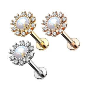 Taffstyle Piercing-Set Piercing Stab mit Blume für Lippe und Ohr, Opal Labret Tragus Helix Knorpel Stecker Lippenpiercing Ohrpiercing