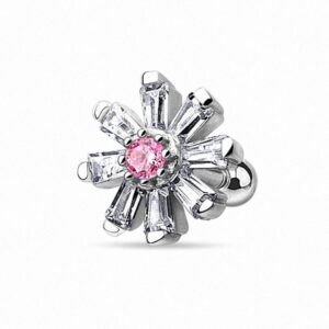 Taffstyle Piercing-Set Tragus Helix Vintage Blüte Kristallen Silber Pink, Ohr Cartilage Knorpel Piercing 316 L Chirurgenstahl Stecker Vintage