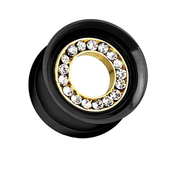 Taffstyle Plug Piercing Double Flared Schwarz Kristall Inlay Gold, Flesh Tunnel Ohr Piercing Plug Ohrpiercing Double Flared Schwarz