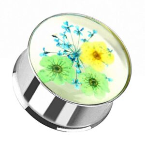 Taffstyle Plug Piercing Double Flared Sommer Blumen Grün Gelb, Ohr Plug Flesh Tunnel Piercing Ohrpiercing Edelstahl Double Flared