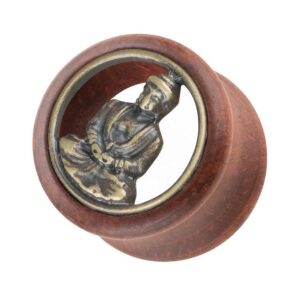 Taffstyle Plug Piercing Double Flared mit Buddha Zeichen Inlay, Ohr Plug Flesh Tunnel Ohrpiercing Holz Organic Buddha Inlay Gold Braun