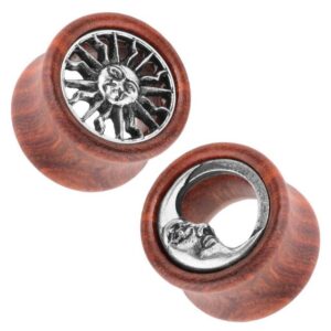 Taffstyle Plug Piercing Double Flared mit Sonne & Mond Inlay, Flesh Tunnel Plug Ohrpiercing 1 Paar Holz Ear Organic Braun Silber