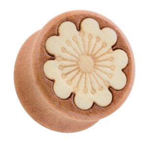 Taffstyle Plug Piercing Holz Braun mit Blume, Ohr Plug Flesh Tunnel Piercing Ohrpiercing Holz Braun mit Blume