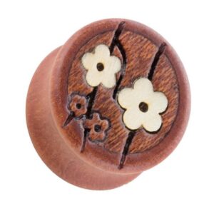 Taffstyle Plug Piercing Holz Braun mit Kirschblüten, Ohr Plug Flesh Tunnel Piercing Ohrpiercing Holz Braun Kirschblüten