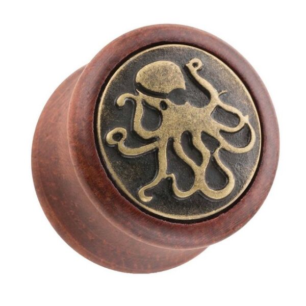 Taffstyle Plug Piercing Holz Braun mit Octopus Krake, Ohr Plug Flesh Tunnel Piercing Ohrpiercing Holz Braun Octopus Krake