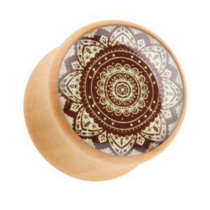 Taffstyle Plug Piercing Holz Braun mit Orient Mandala Blume, Ohr Plug Flesh Tunnel Ohrpiercing Holz Braun mit Orient Mandala Blume