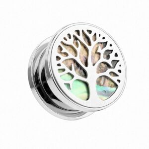 Taffstyle Plug Piercing Lebensbaum Perlmutt Inlay Tree Life Baum, Ohr Plug Flesh Tunnel Ohrpiercing Edelstahl mit Vintage Lebens Motiv