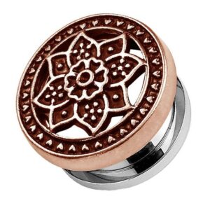 Taffstyle Plug Piercing Lotusblüte aus Edelstahl Bronze IP, Ohr Plug Flesh Tunnel Ohrpiercing mit Lotusblüte aus Edelstahl