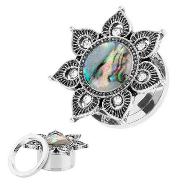 Taffstyle Plug Piercing Mandala Blume mit Opal Perlmutt, Flesh Tunnel Ohr Plug Ohrpiercing Vintage Tribal Ethno Boho Edelstahl