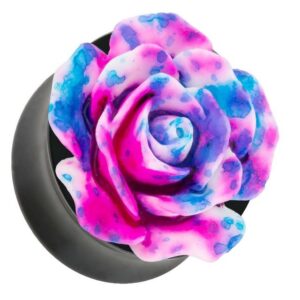 Taffstyle Plug Piercing Ohrpiercing Rose 3D Optik Blau Weiß Pink, Ohr Plug Flesh Tunnel Piercing Ohrpiercing Rose in 3D Optik