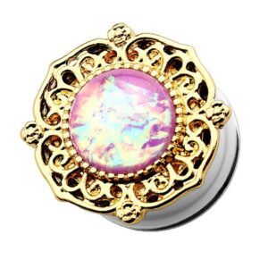 Taffstyle Plug Piercing Ohrpiercing Tribal Gold IP mit Opal Pink, Ohr Plug Flesh Tunnel Piercing Ohrpiercing Tribal Gold IP mit Opal