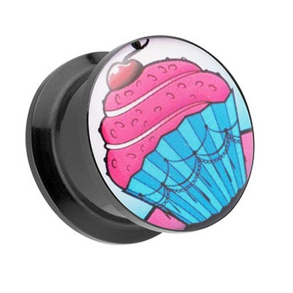 Taffstyle Plug Piercing Schraub Picture Muffin mit Kirsche Motiv, Ohr Plug Flesh Tunnel Ohrpiercing Kunststoff Schraubverschluß Cupcake