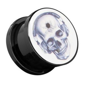 Taffstyle Plug Piercing Schraub Totenkopf mit Kopfhörer Motiv, Ohr Plug Flesh Tunnel Ohrpiercing Kunststoff Schraubverschluß Picture