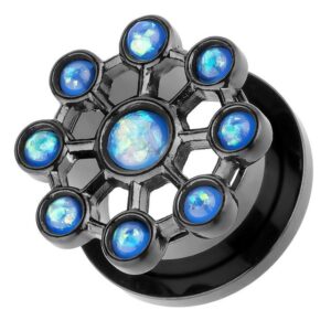 Taffstyle Plug Piercing Schraub Ufo Rad Opal Steinen Schwarz Blau, Flesh Tunnel Ohr Plug Ohrpiercing Ear Edelstahl Schraubverschluss