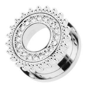 Taffstyle Plug Piercing Schraub Vintage Sonne Strass Silber Weiß, Flesh Tunnel Plug Ohrpiercing Edelstahl Kristallen Schraubverschluss