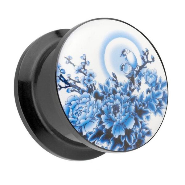 Taffstyle Plug Piercing Schraub blaue Meisen Kirchblüten Motiv, Ohr Plug Flesh Tunnel Ohrpiercing Kunststoff Schraubverschluß Picture