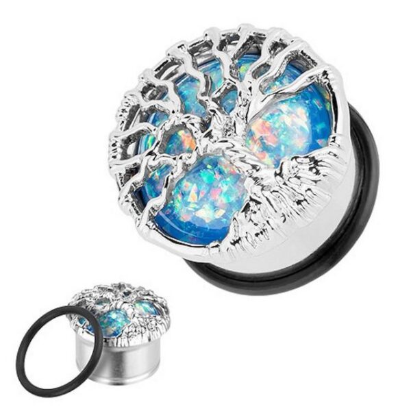 Taffstyle Plug Piercing Single Flared Lebensbaum mit Opal, Ohr Plug Flesh Tunnel Ohrpiercing Single Flared Lebensbaum Opal Blau