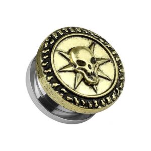 Taffstyle Plug Piercing Vintage Retro Antik Totenkopf über Stern, Ohr Plug Flesh Tunnel Ohrpiercing Style Totenkopf Stern Motiv Gold