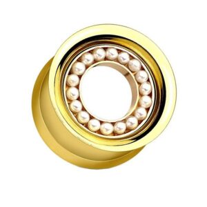 Taffstyle Plug Tunnel Piercing Double Flared Gold Perlen Inlay, Flesh Tunnel Ohr Plug Ohrpiercing Double Flared Gold mit Perlen Inlay