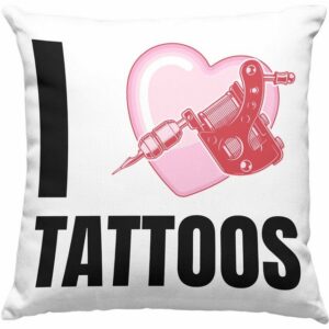 Trendation Dekokissen Trendation - I Love Tattoos Kissen Geschenk Tattoowiererin Tattoowierer Geschenkidee Spruch Männer Frauen Dekokissen mit Füllung 40x40