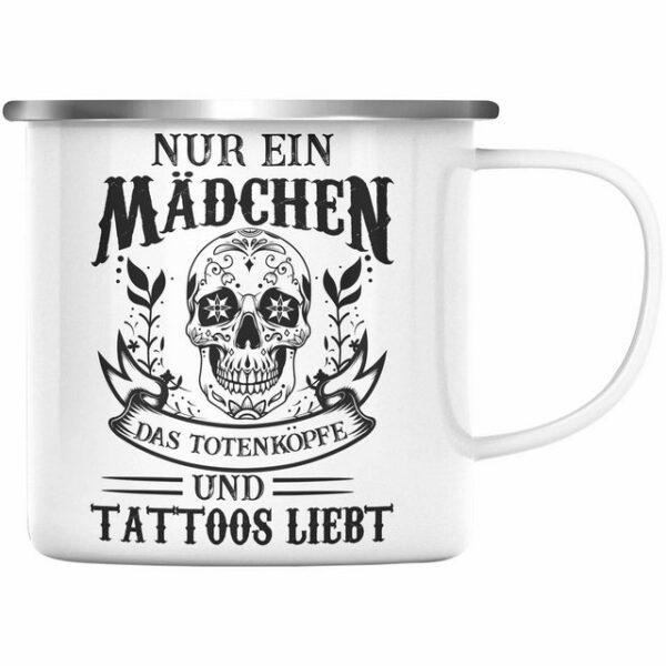 Trendation Thermotasse Trendation - Tattoos Frauen Emaille Tasse Tätowiererin Geschenk KaffeeEmaille Tasse Tattoo Totenkopf Emaille Tassen