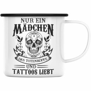 Trendation Thermotasse Trendation - Tattoos Frauen Emaille Tasse Tätowiererin Geschenk KaffeeEmaille Tasse Tattoo Totenkopf Emaille Tassen