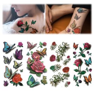 URLOHO Schmuck-Tattoo 4 BlätterTemporäre Tattoos für Frauen Mädchen Schmetterling Rose Blume, Temporäre Tätowierung Wasserdichte Körperkunst Aufkleber Arm Tattoo