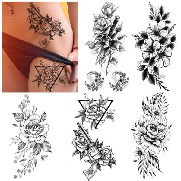 URLOHO Schmuck-Tattoo 5 große Blätter Vivid 3D Tattoo, für Frauen, Körper, Arm, Beine, Pfingstrose geometrischer Tattoo-Aufkleber, gefälschte, wasserdichte, skizzierendes Tattoo, Fake realistisch aussehende schwarze Tattoo-Aufkleber, Temporäre Tattoos, handbemalt, große Rosen