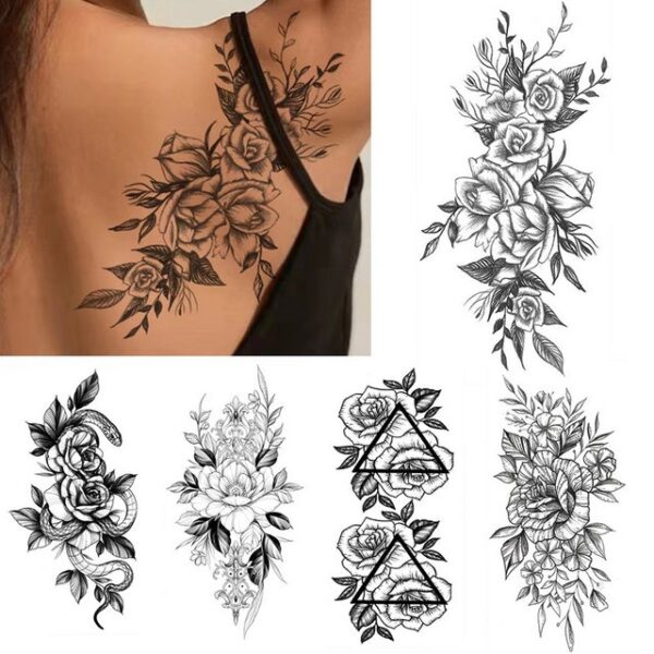 URLOHO Schmuck-Tattoo 5 große Blätter Vivid Petal 3D Blumen Tattoo, für Frauen, wasserdichte,Temporäre Tattoos, handbemalt, große Rosen